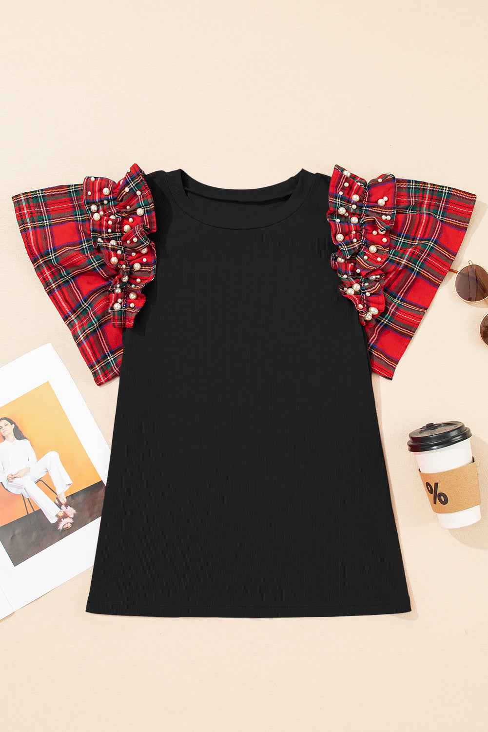Racing Red Pearl Plaid Ruffle Sleeve Loose T Shirt 41b927327cde9848