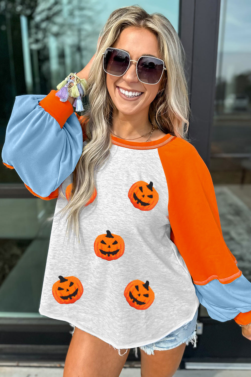 Light Grey Chenille Halloween Pumpkin Terry Flocking Long Sleeve Top 41bbc4b63a5cb375