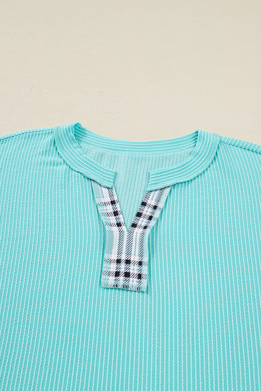 Aruba Blue Twist Ribbed Colorblock Plaid Patchwork Plus Size Top 41bccc64202b599a