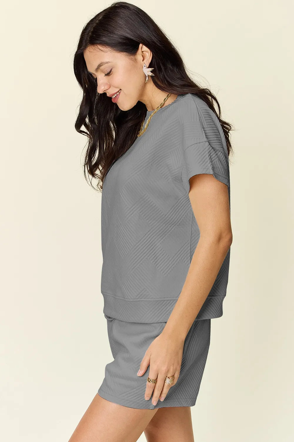 Double Take Full Size Texture Short Sleeve T-Shirt and Drawstring Shorts Set 41bf4016-de18-49a6-b3ed-2c34dbf3e5d2-Max