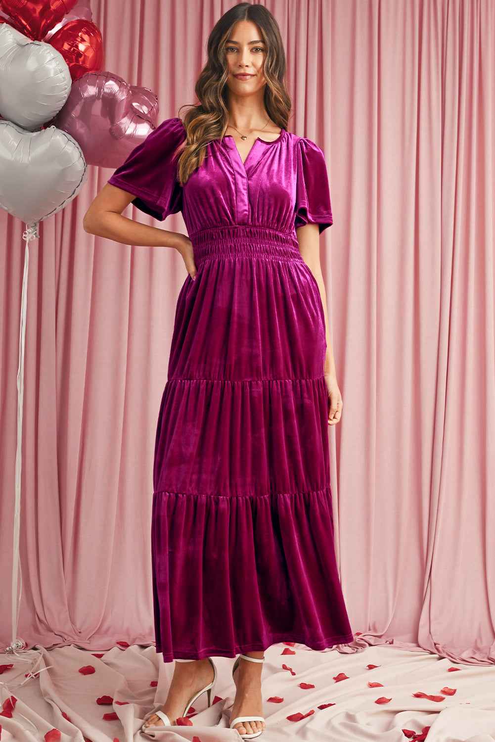 Prussian Blue Velvet Short Sleeve Shirred Waist Tiered Maxi Dress 41c42901351330f5