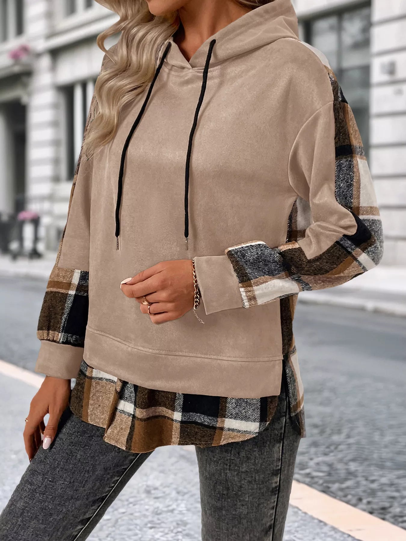 Plaid Drawstring Long Sleeve Hoodie 41cd5f3e-2b9a-43e7-91bc-7996b6589ea3-Max-Origin