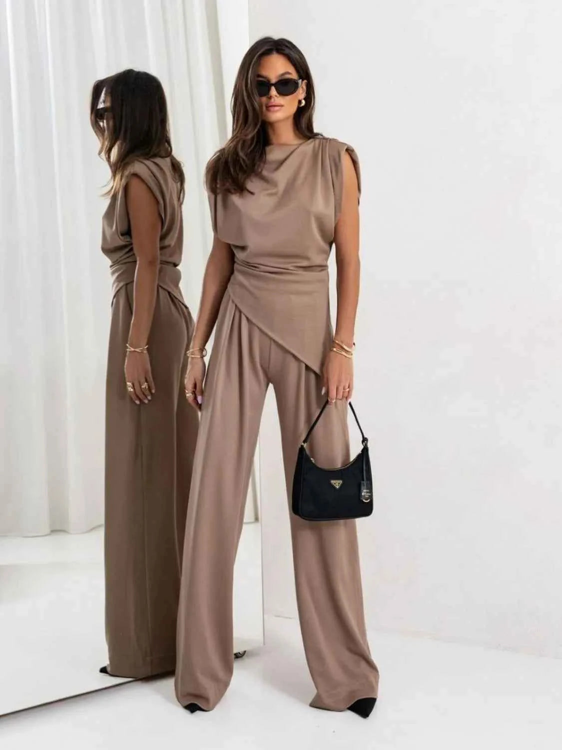 Slit Ruched Top and Wide Leg Pants Set Taupe 41cf282e-8415-4404-a220-0ff52e8ec648-Max-Origin
