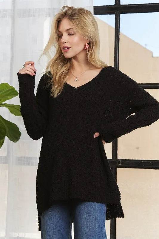 ADORA High-Low Side Slit V-Neck Sweater 41d34157-f156-45f2-a96e-fd5480e1ce52-Max
