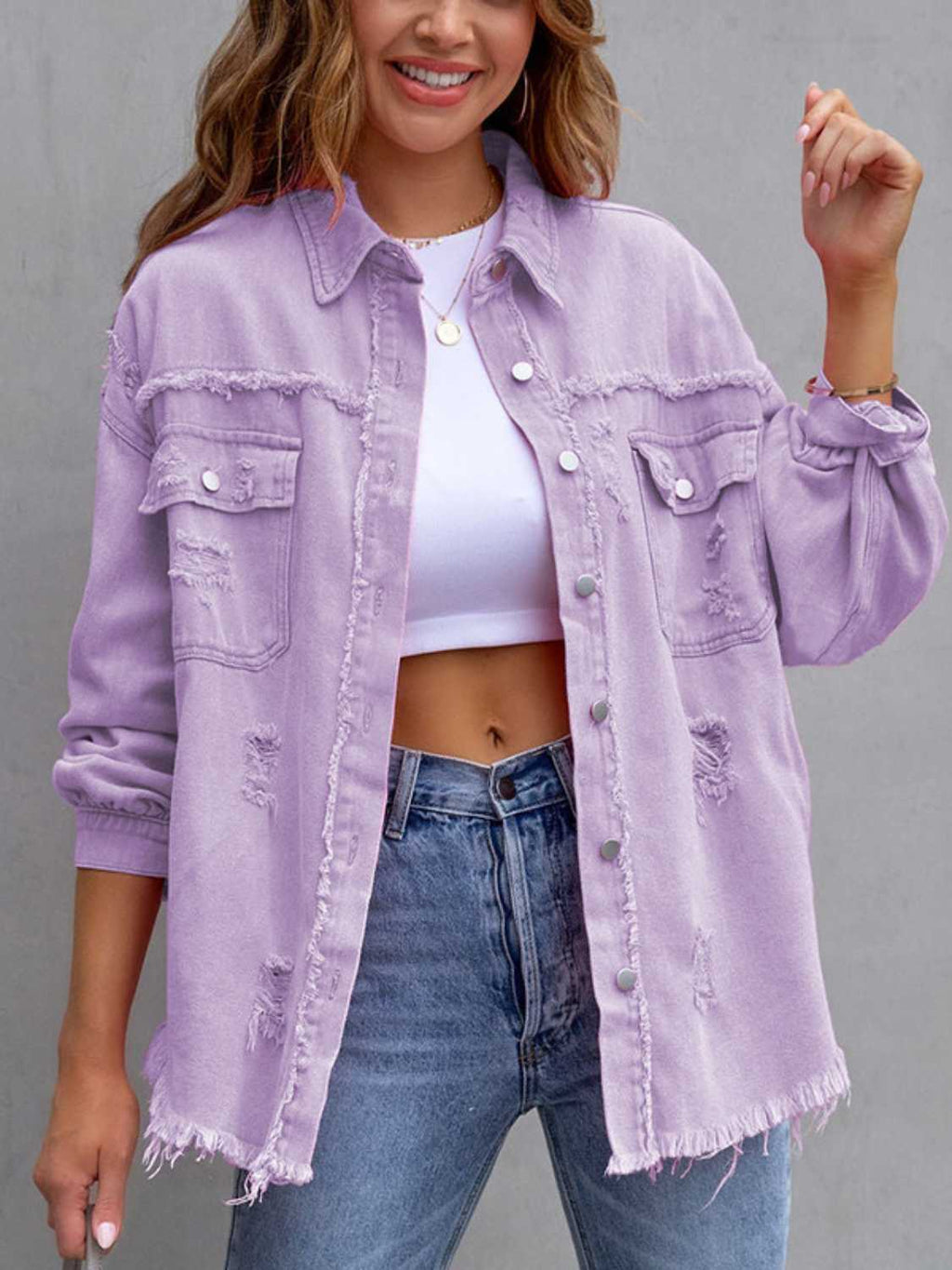 Distressed Drop Shoulder Denim Jacket 41da35749d6a4e83a95937d58595a5c5-Max