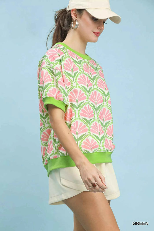 Umgee Floral Print Short Sleeve French Terry Top 41db5ffa-7aff-491b-8bea-3874a68f4a0e-Max-Origin