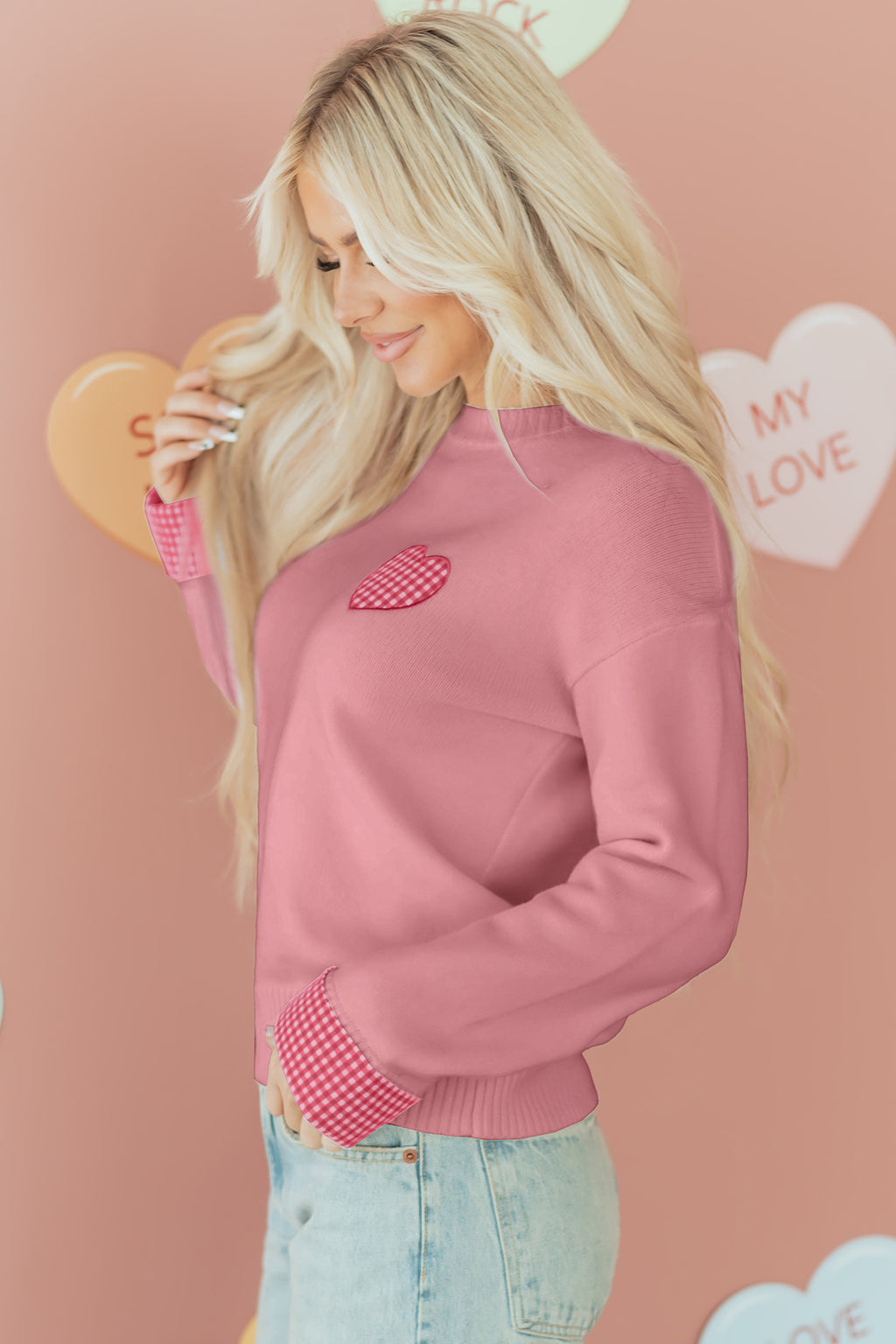 Light Pink Plaid Heart Embroidered Cuffed Drop Shoulder Crew Neck Sweater 41dc00b0b0d1a449