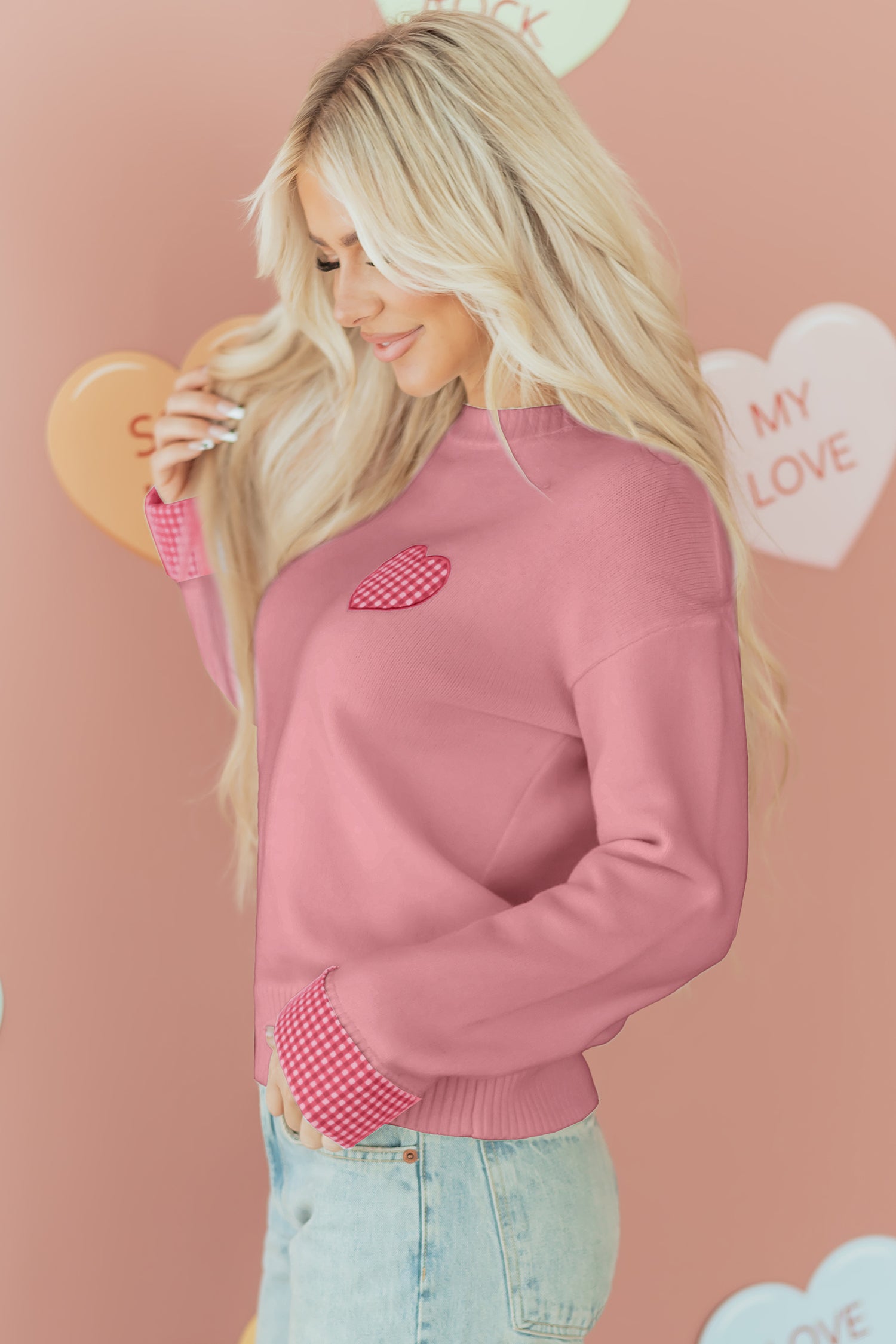 Light Pink Plaid Heart Embroidered Cuffed Drop Shoulder Crew Neck Sweater 41dc00b0b0d1a449