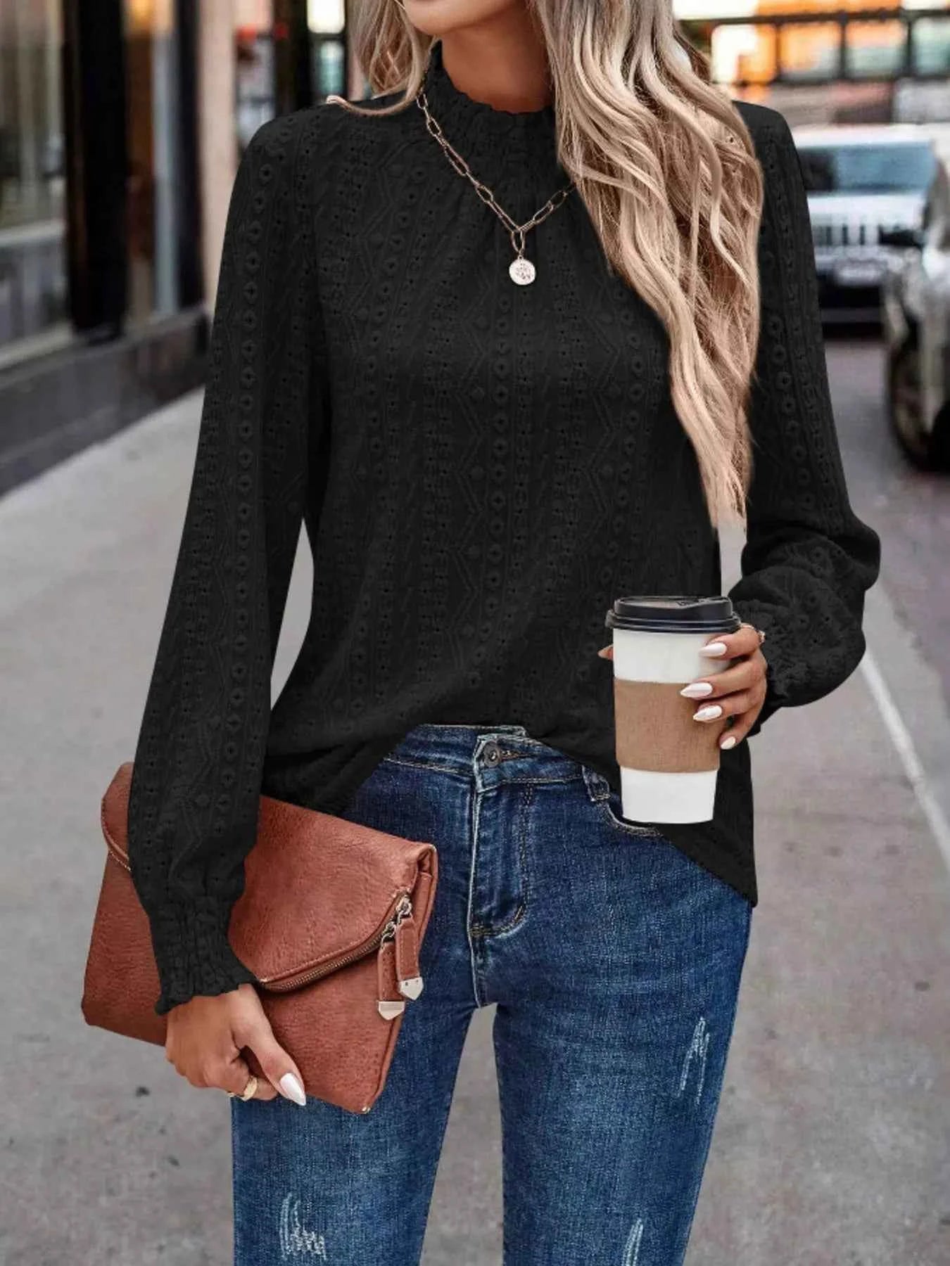 Texture Mock Neck Long Sleeve Blouse 41dc0832cc7e4f47b89188771ed6dd21-Max-Origin