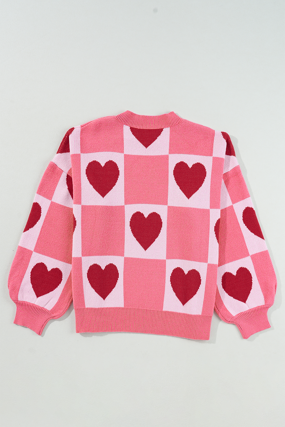 Pink Plus Size Heart Checkered Colorblock Lantern Sleeve Sweater 41e08938f34f39be