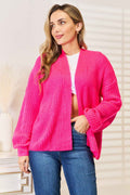Woven Right Rib-Knit Open Front Drop Shoulder Cardigan Hot Pink 41e6977ec8ed4fe1b6d7789348e54bc1-Max