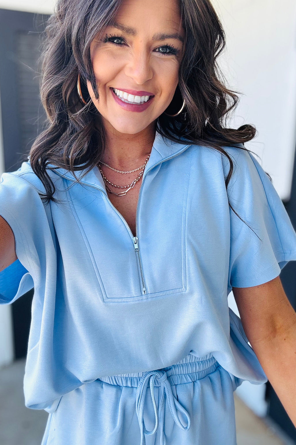 Beau Blue Solid Color Half Zip Loose Short Sleeve Sweatshirt 2pcs Set 41e9eb7157e815bd