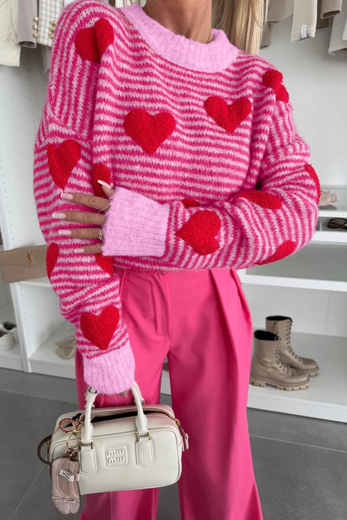 Rose Stripe Contrast Heart Pattern Valentine Knit Sweater Rose Stripe 65%Acrylic+35%Polyamide 41eaa12c967fac50
