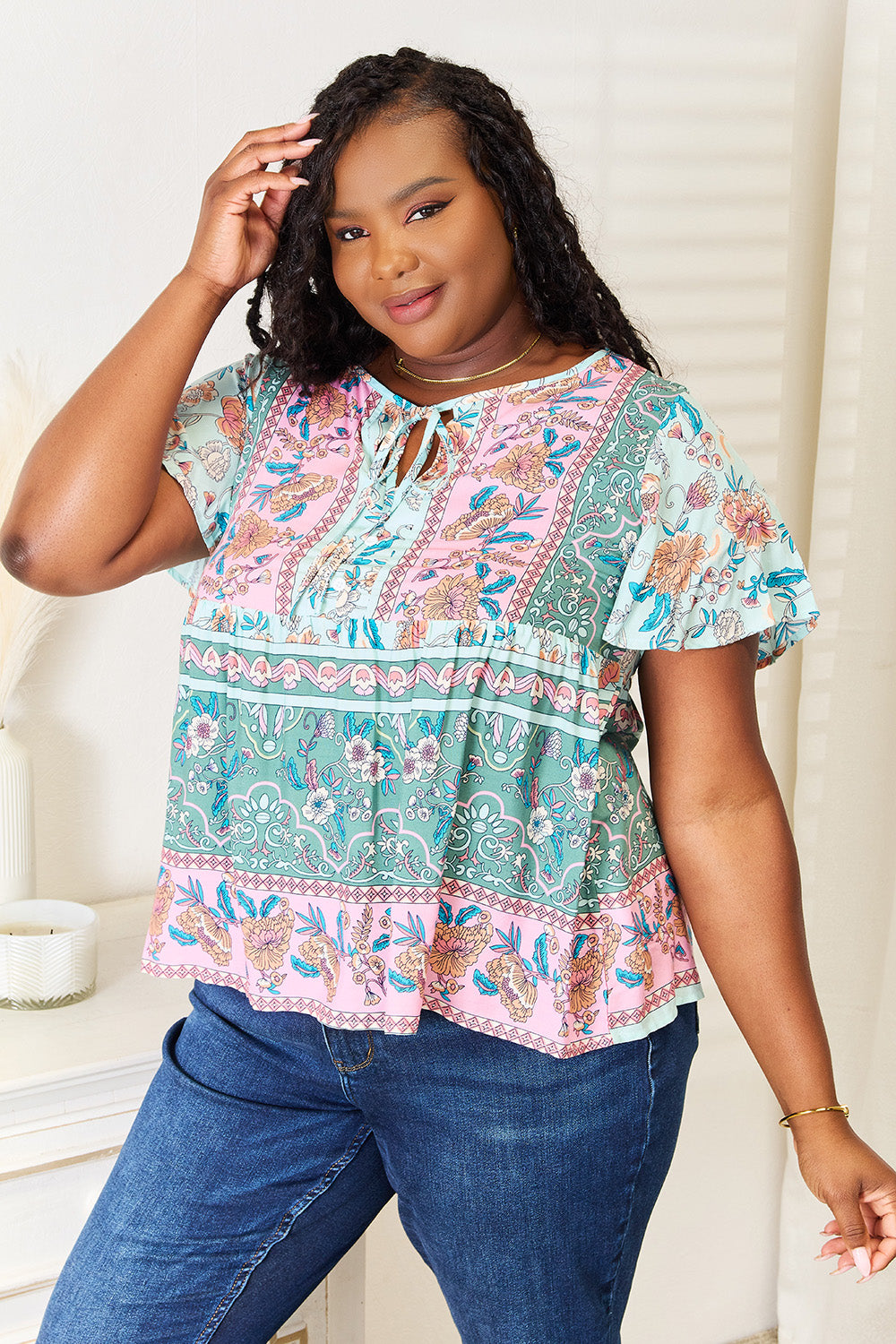 Perfee Floral Tie Neck Short Sleeve Blouse 41eb4354a45540c2827beb0f5fc2933a-Max