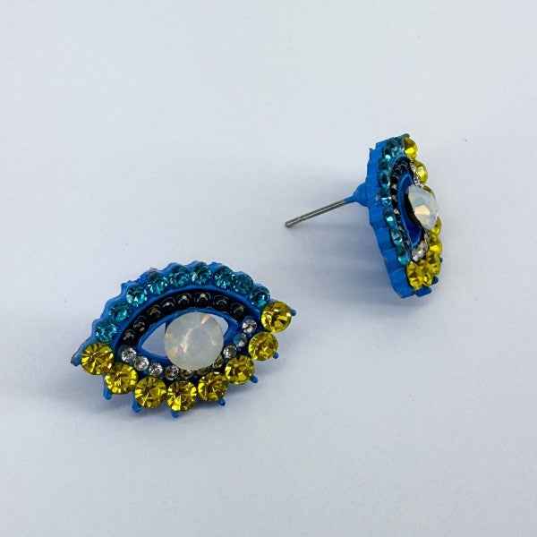 Evil Eye Yellow and Blue Rhinestones Post Back Ear 41ec71b0-d1c0-458f-bda5-3db7fa951d95