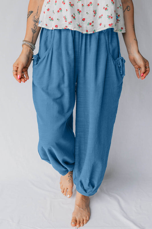 Prussian Blue Smocked Waist Casual Jogger Style Pants 4201fb6ef856bf08