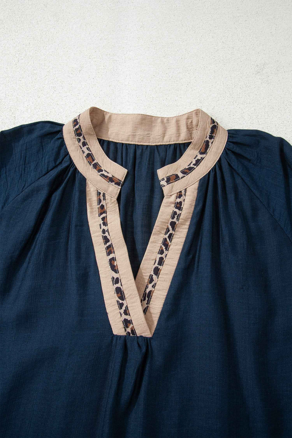 Navy Blue Contrast Leopard Patchwork Collar Plus Size Long Flounce Sleeve Blouse 42093d6aa67764f9