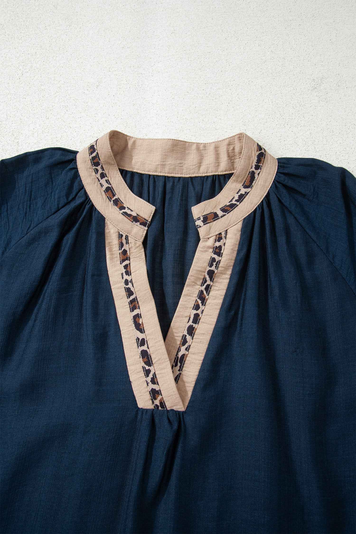 Navy Blue Contrast Leopard Patchwork Collar Plus Size Long Flounce Sleeve Blouse 42093d6aa67764f9