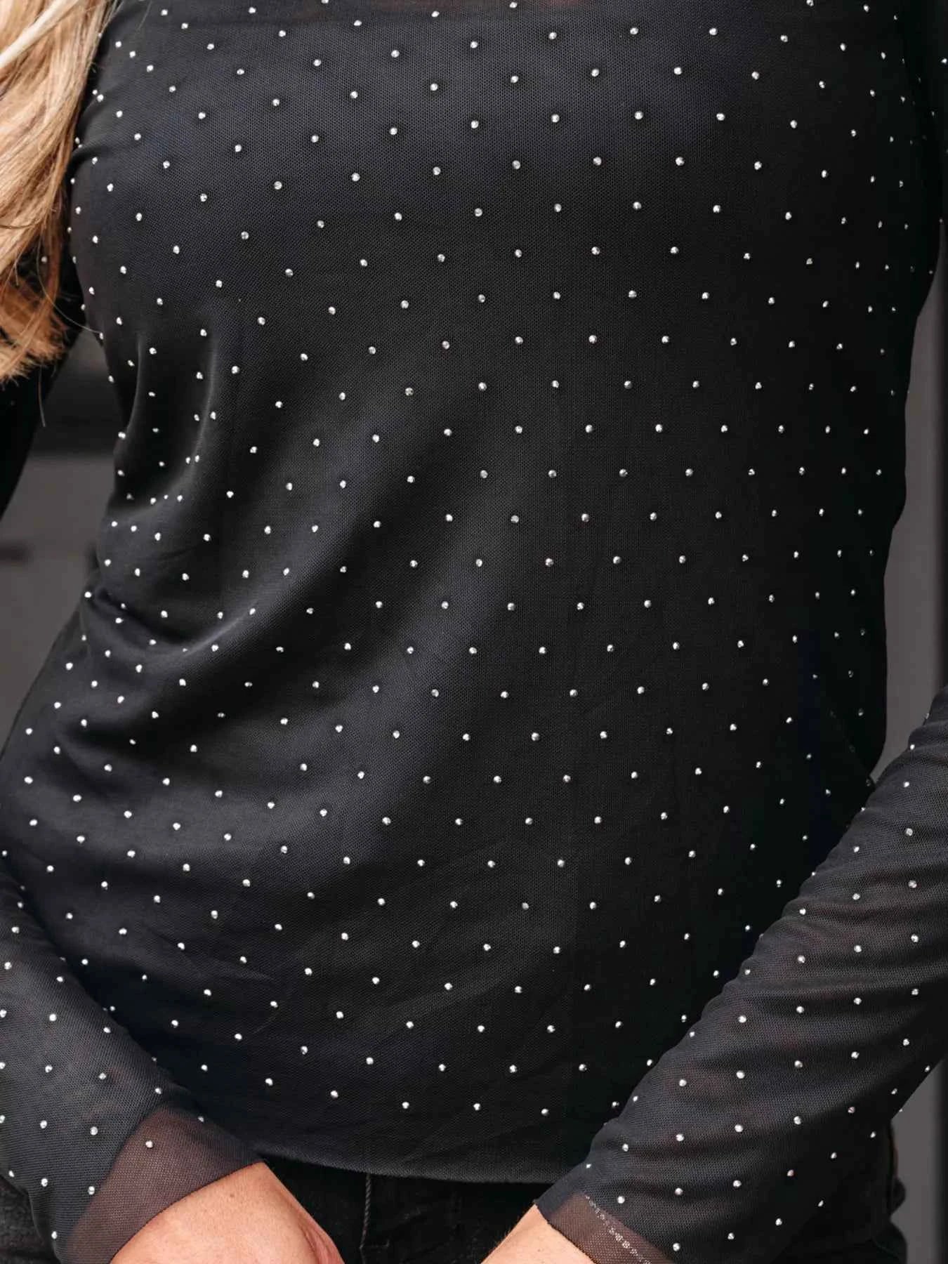Rhinestone Embellished Mesh Long Sleeve Top 42094aa3b6c94b3281bd5001ba8ae2e3-Max-Origin