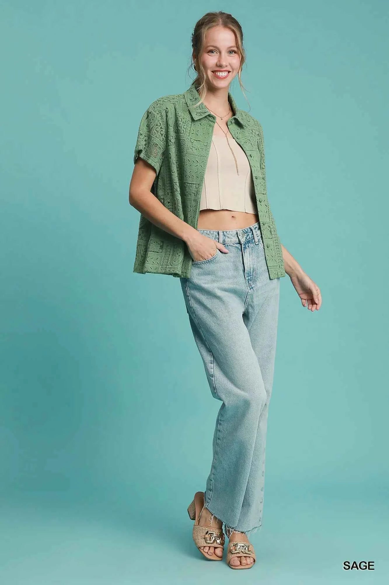 Umgee Patch Lace Short Sleeve Button Down Shirt 420dd303-84ad-4b81-b472-f6d6d41f4e86-Max-Origin