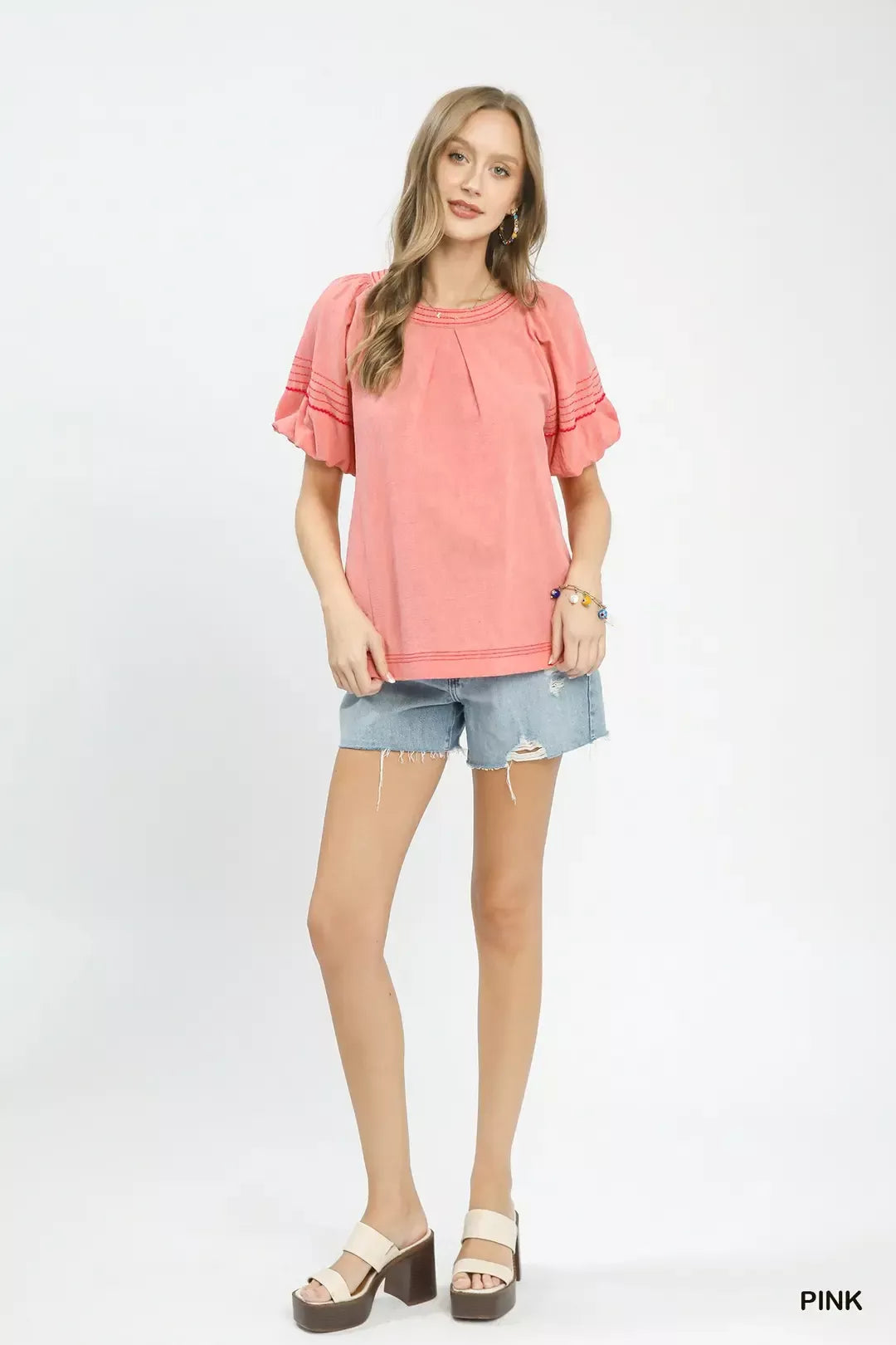 Umgee Round Neck Puff Sleeve Top with Contrast Stitch Detail 421334a4-02b1-45f9-a503-a8da93c43aef-Max-Origin