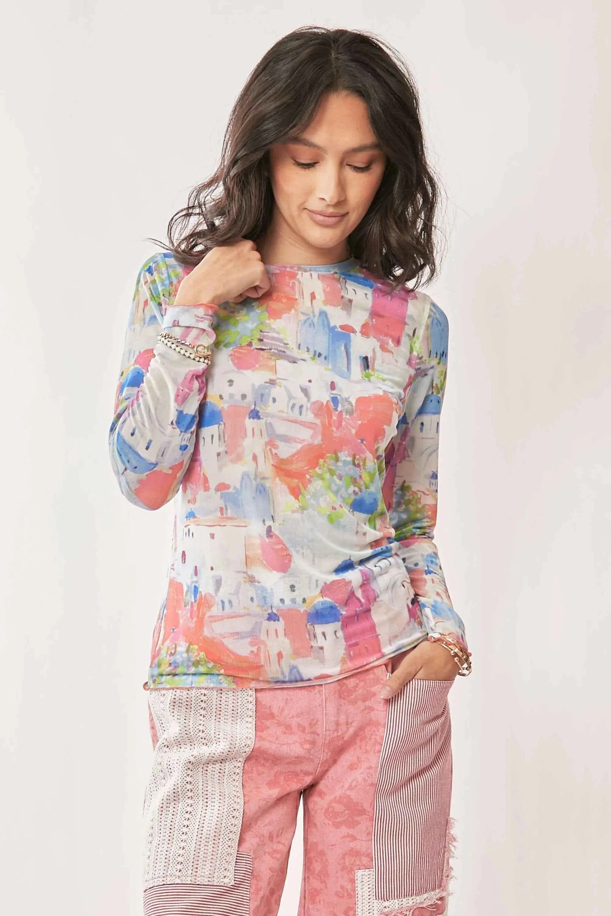 Davi & Dani Multi Printed Mesh Round Neck Long Sleeve Top 421364d7211941b4bf729a517ed874fb-Max-Origin