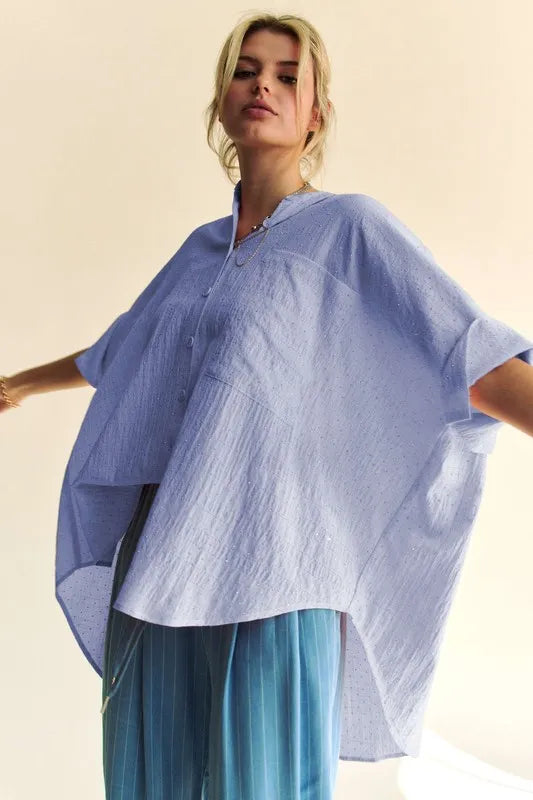 Rhinestone Pleat Back Short Sleeve Loose Fit Shirt 4213f005683c4854958d11793e421b91-Max-Origin