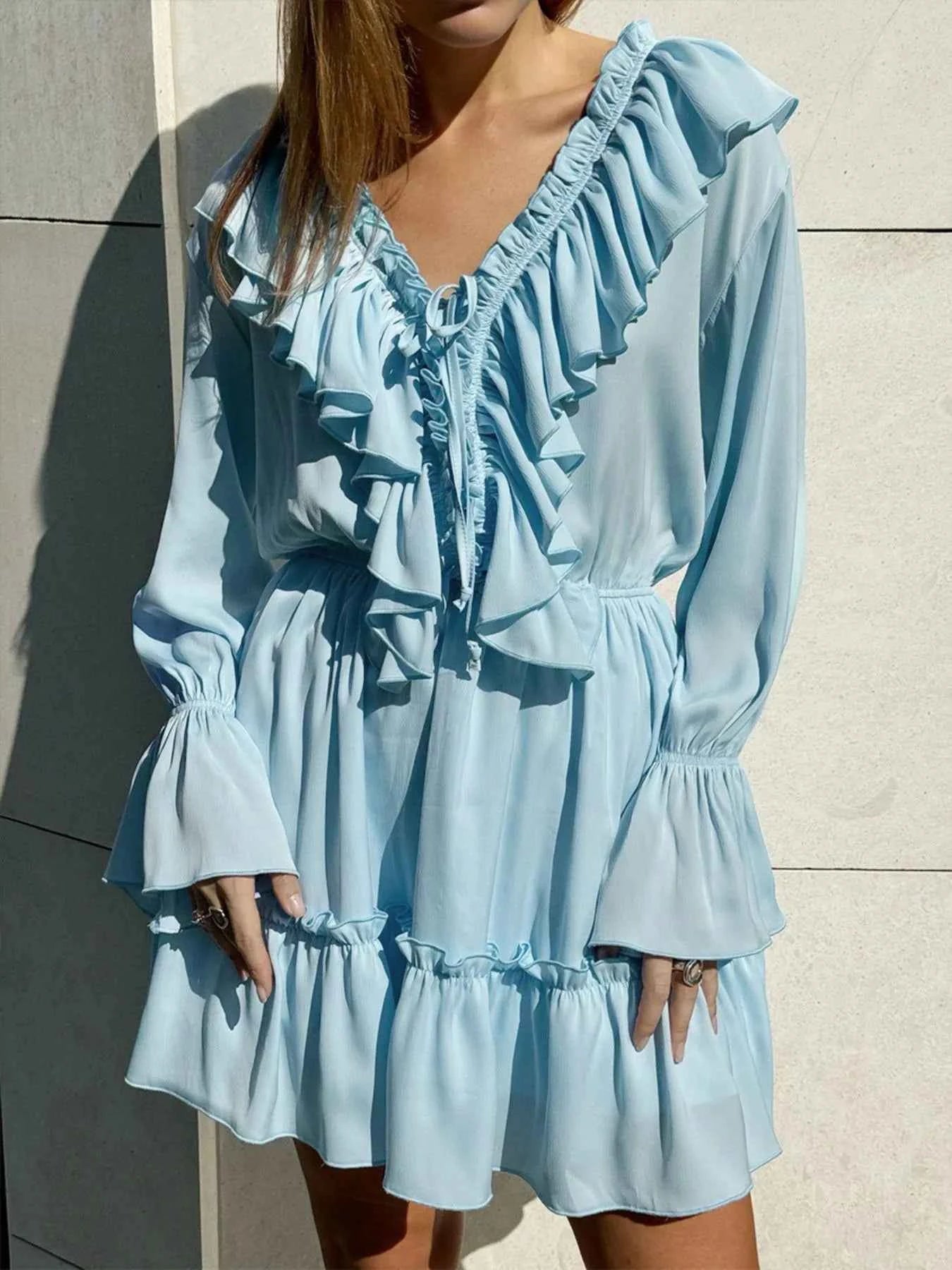 Ruffle Flounce Sleeve Mini Dress Blue 4217a381-e6f7-46e4-9045-5c4e410e06eb-Max-Origin