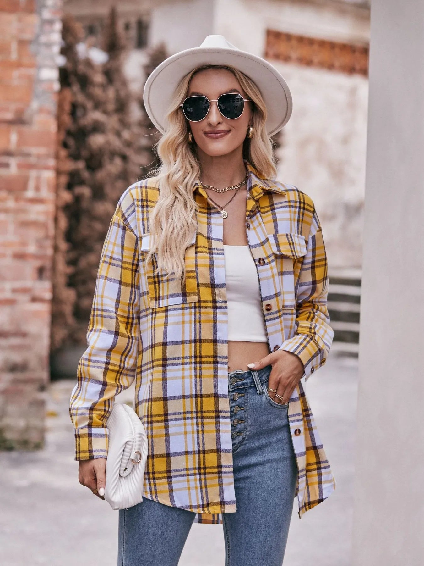 Plaid Button-Down Long Sleeve Shirt Yellow 4218ae13d40c4b5db0cc5620667e3b73-Max-Origin