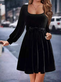 Velvet Long Sleeve A-Line Dress Black 421a79f527a640d8acbd7fa3598d4a4e-Max-Origin