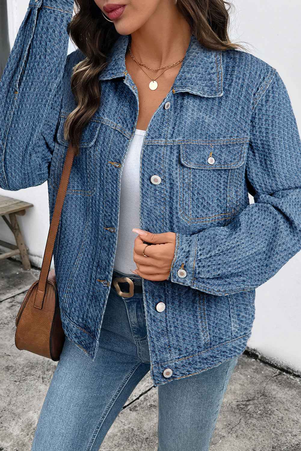 Blue Double Flap Pocket Denim Textured Button Down Jacket 421c58c209fffe1d
