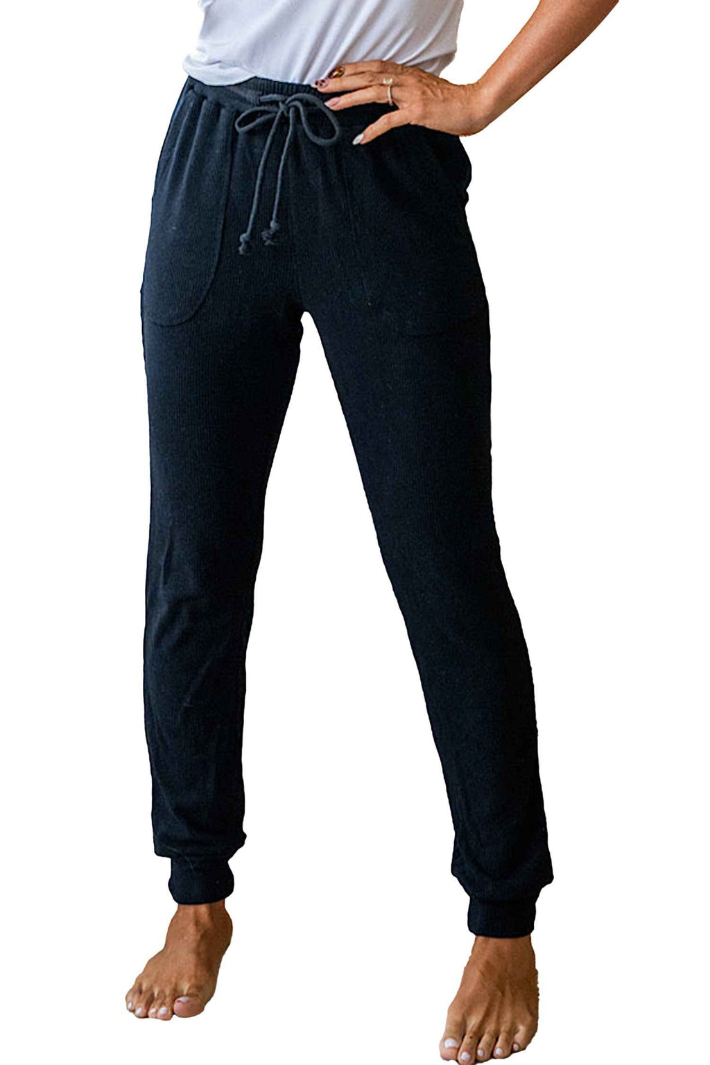 Black Ribbed Drawstring Active Jogger Pants 4227274d392b6dd8