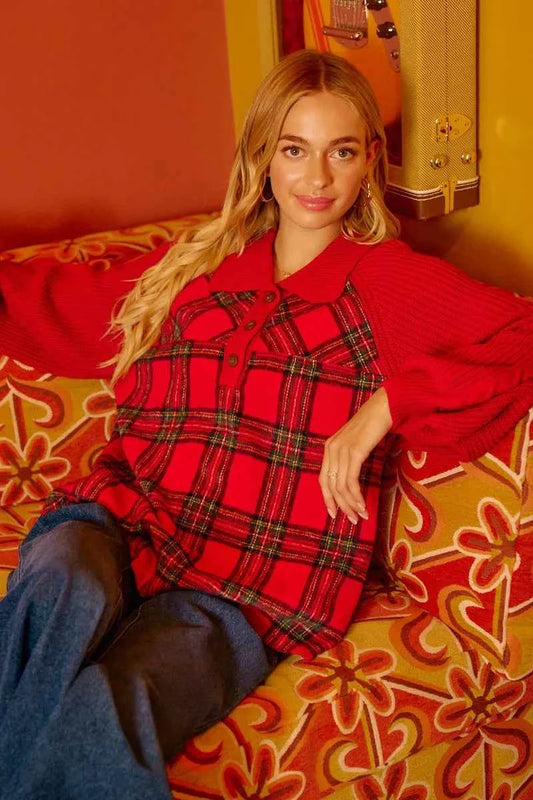 Plaid Buttoned Collared Top with Sweater Sleeve 4229bc59dccb4ca18d803b06c9d2fcf9-Max-Origin