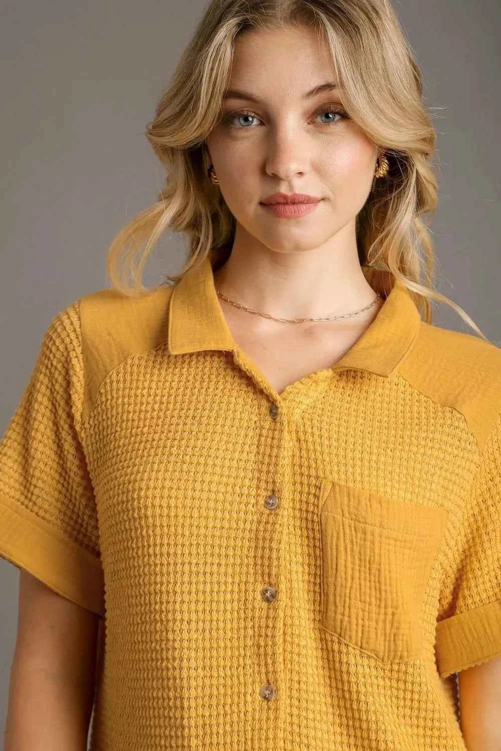 Umgee Full Size Waffle-Knit Short Sleeve Button Down Shirt Plus Size 422a52ea-ebfb-4dc2-b403-eee7c3b11fbf-Max