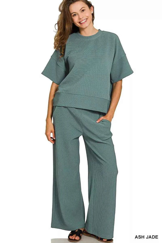 Zenana Ribbed Round Neck Tee & Pants Set ASH JADE 422b0862b144401ba3bd167f4cf2c46c-Max-Origin