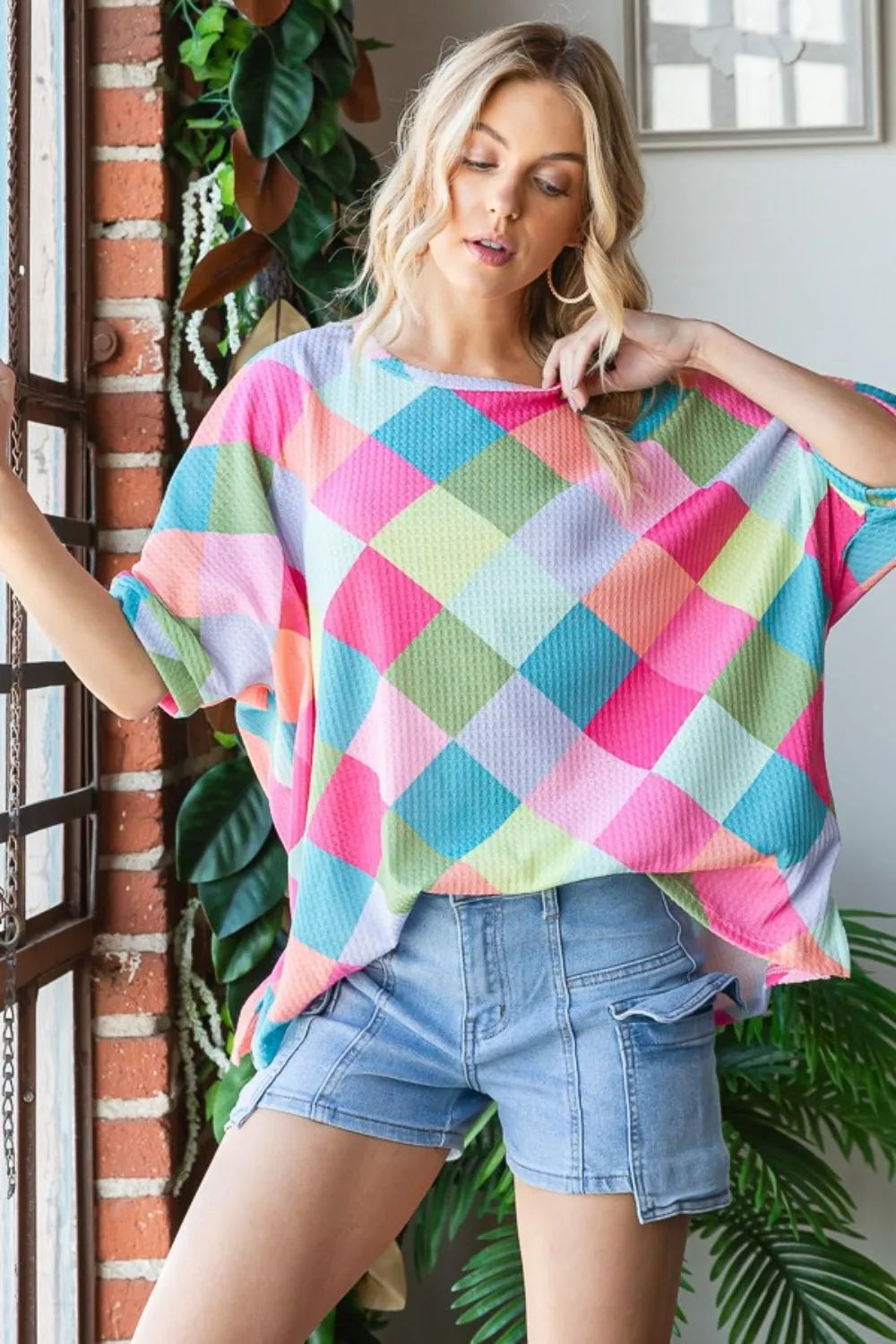 Color Block Waffle Oversized T-Shirt 422b6452-0472-4933-805c-90a38083d732-Max