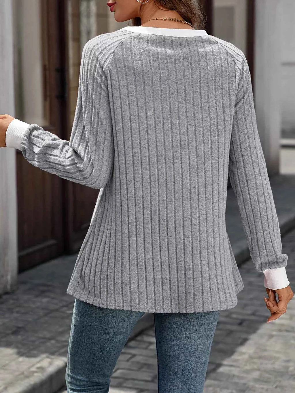 Ribbed Round Neck Raglan Sleeve Knit Top 42309ef543564be7a9b738345bbd65a5-Max-Origin