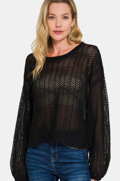 Zenana Hollow Out Long Sleeve Knit Cover Up