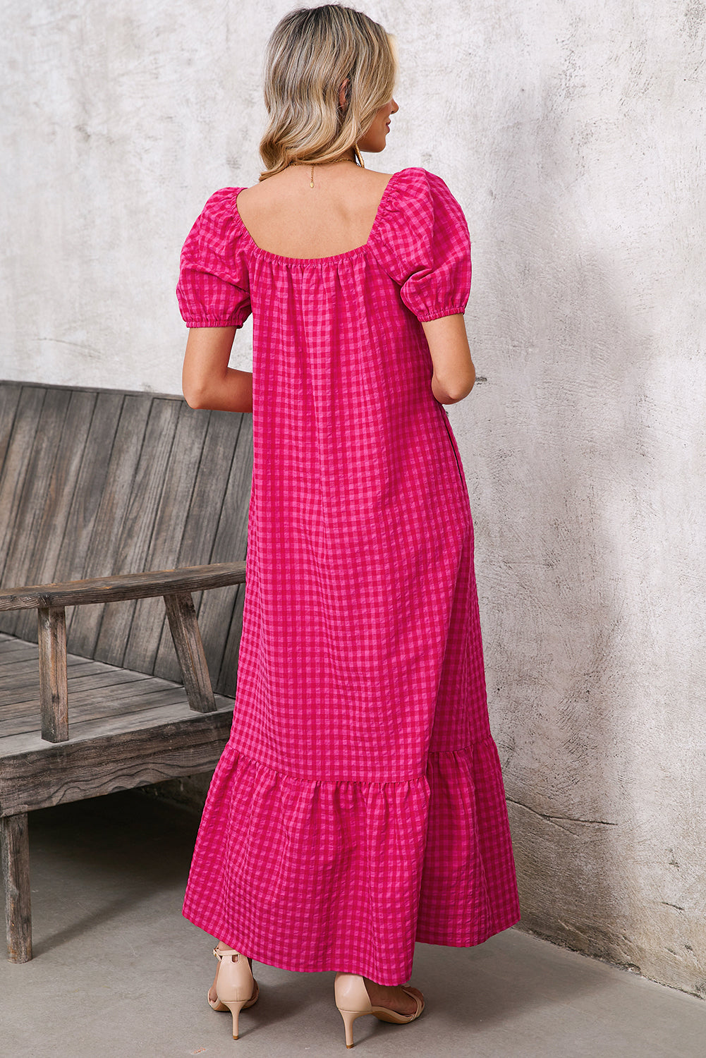 Rose Plaid Square Neck Puff Sleeve Maxi Dress 423f947c6a5d4a21