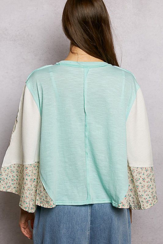 Exposed Seam Floral Patchwork Round Neck Textured Slub Knit Top 42441c71-9627-4401-bb82-dd51b7808fb2-Max