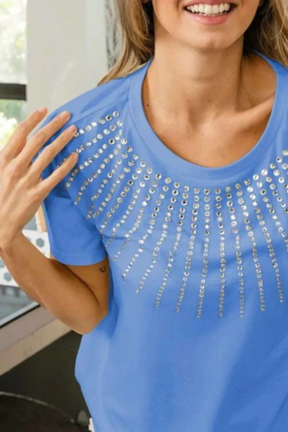BiBi Rhinestone Beaded Short Sleeve Top 4244b060-bde8-494a-b325-077eceaa0c97-Max-Origin