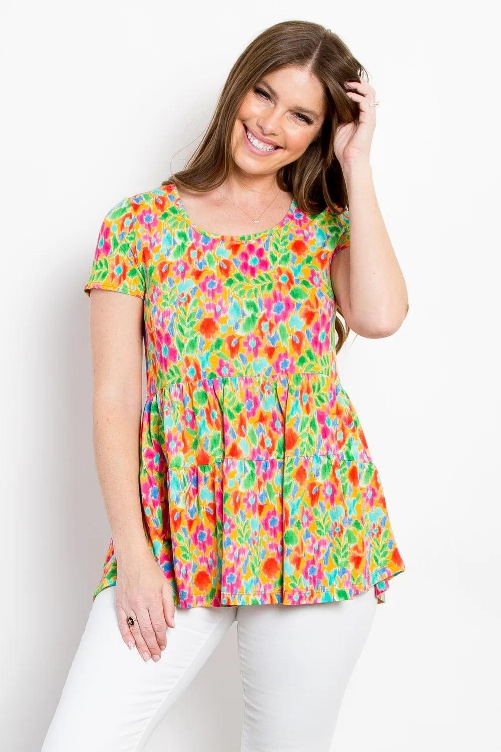Be Stage Floral Short Sleeve Babydoll Top Lime 424ae2bc-864e-4b9d-9eb7-f0f695edbac1-Max