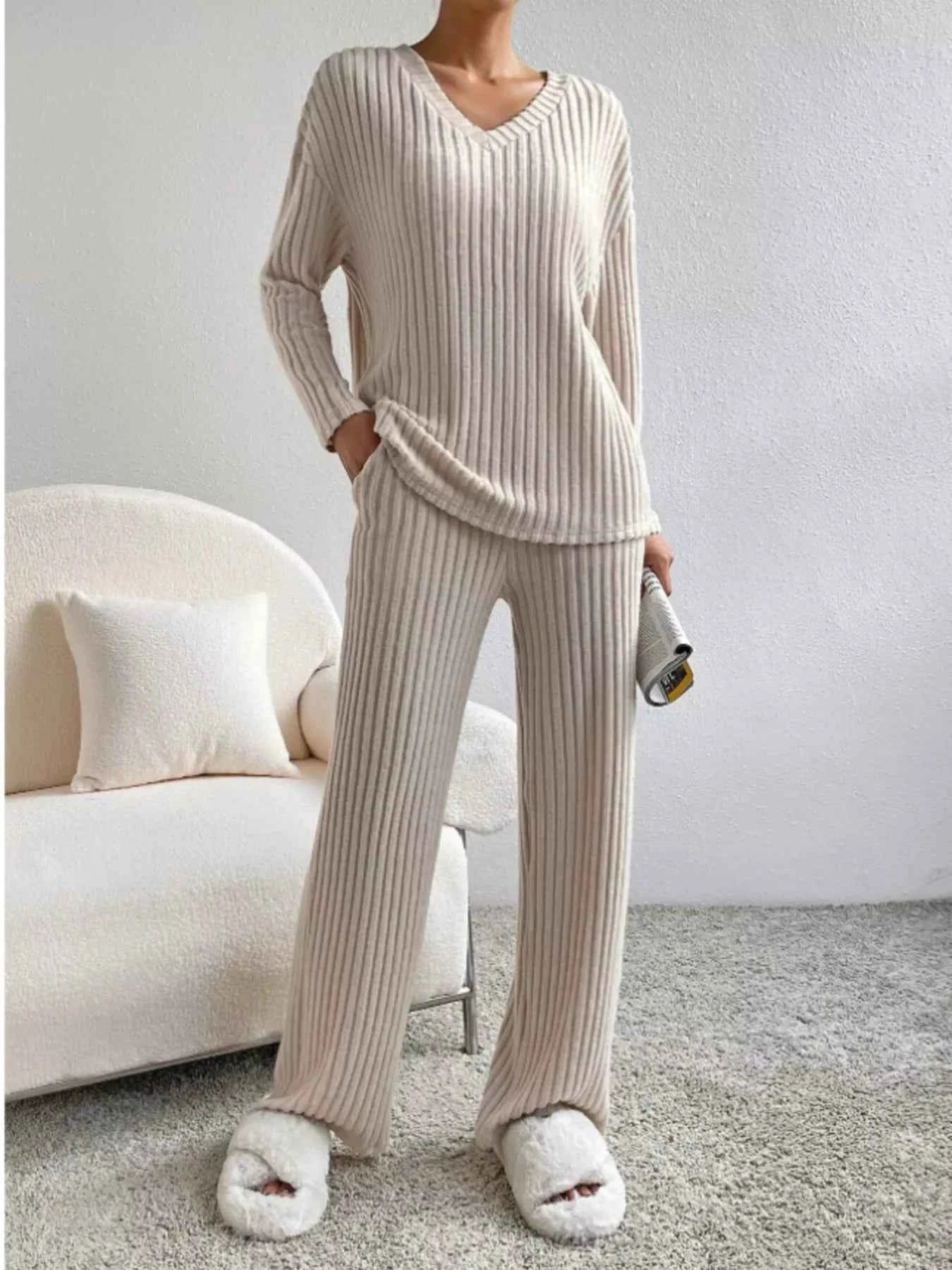 Ribbed Knit Long Sleeve Top and Pants Set Apricot 424c3ef43f2a4b67807ce586340c2fbc-Max-Origin