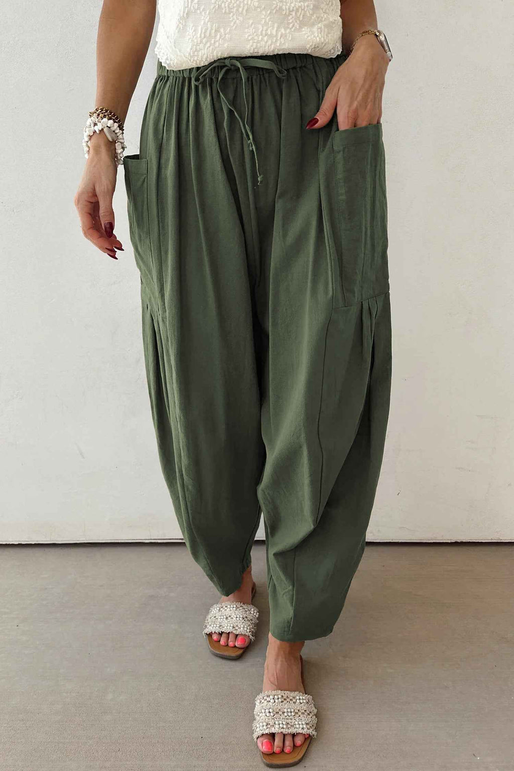 Jungle Green Drawstring Elastic Waist Patch Pocket Barrel Leg Casual Pants Jungle Green 55%Cotton+45%Viscose 424d1921e13c854f