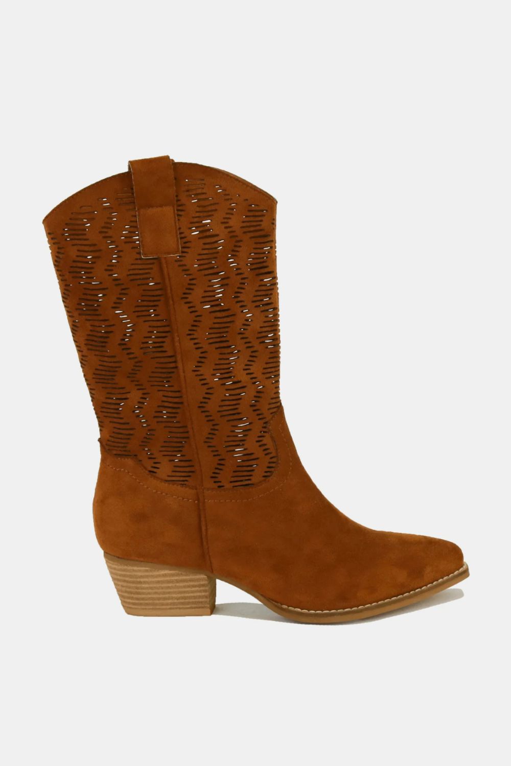 Beast Fashion Faux Suede Laser Cut Detail Block Heel Boots