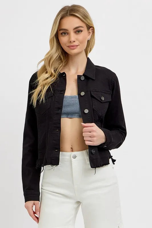 RISEN Full Size Irregular Fray Hem Button Up Denim Jacket Plus Size 42532b08-e9f0-44be-9ffa-924f20c334d6-Max