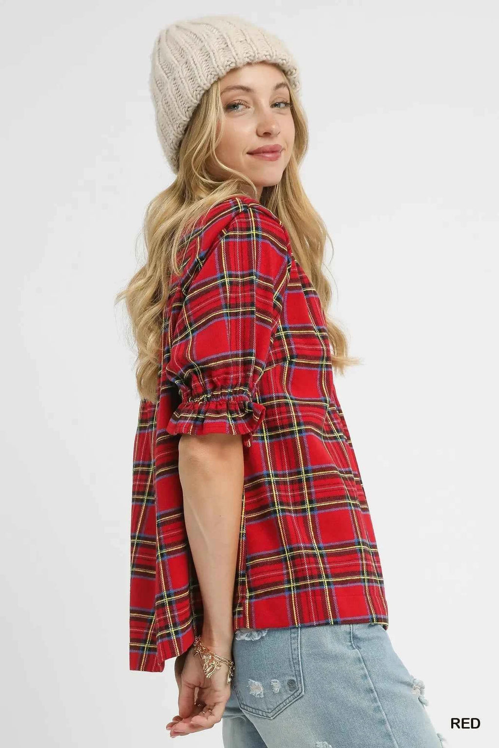 Umgee Plaid Smocked V-Neck Flannel Top 42541ac4-de2c-4633-a915-7497e68195bd-Max-Origin