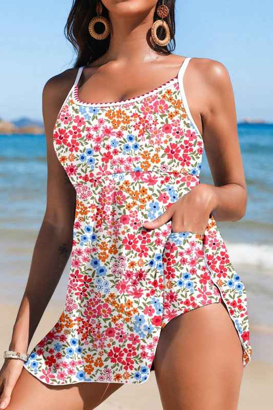 Floral Ricrac Trim Spaghetti Strap Swim Dress 425430ea-bfd6-4754-8d56-3f2b9f729dde