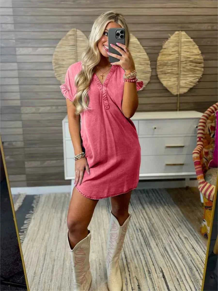 Full Size V-Neck Short Sleeve Denim Dress Plus Size Red 4254348e-888a-4354-a377-420b761ef00a-Max-Origin