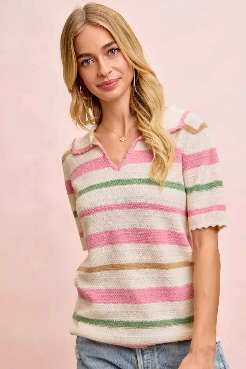 BiBi Multi Colors Stripes Collared Knit Top 425b4d4295cd4bbfb85be401037a03df-Max-Origin